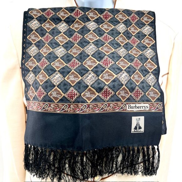 2 Ways Burberrys 100% Silk Satin Scarf 60"x13" Brown black Check Art Fring (1 - Picture 10 of 16